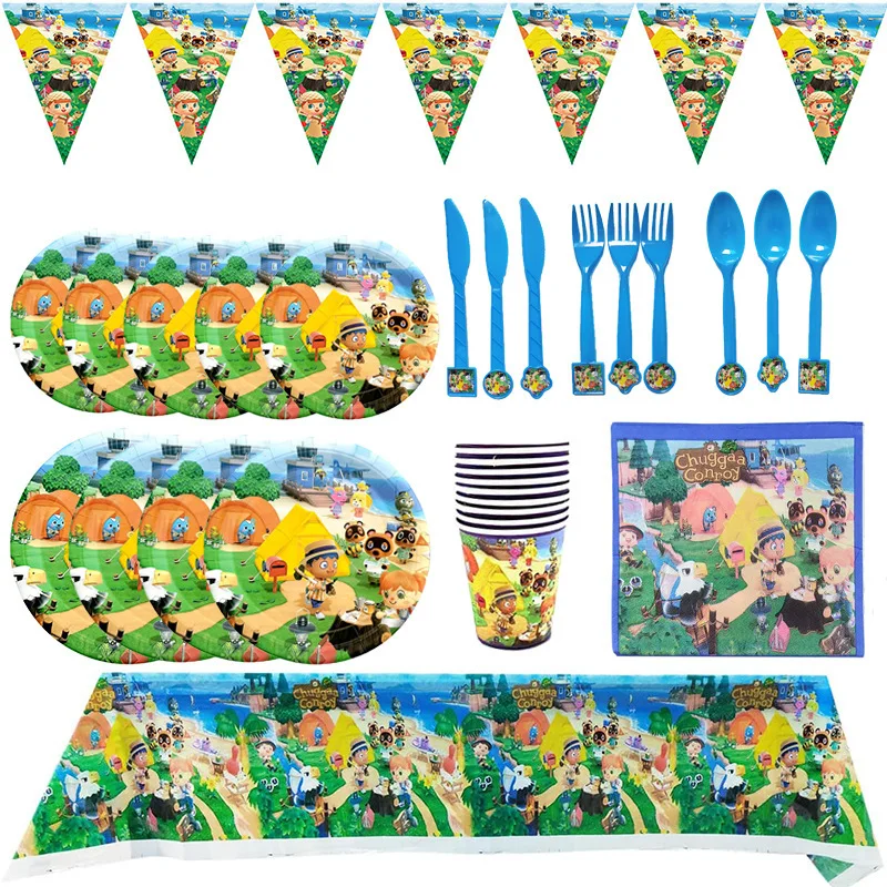 

Animal Crossing New Horizons Game Party Decorations Disposable Tableware Happy Birthday Flag Cup Plate Tablecloth Party Supplies