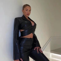 notched pu leather 2021 sexy fashion cropped jacket bandage womens y2k top long sleeve autumn club cut out top streetwear goth