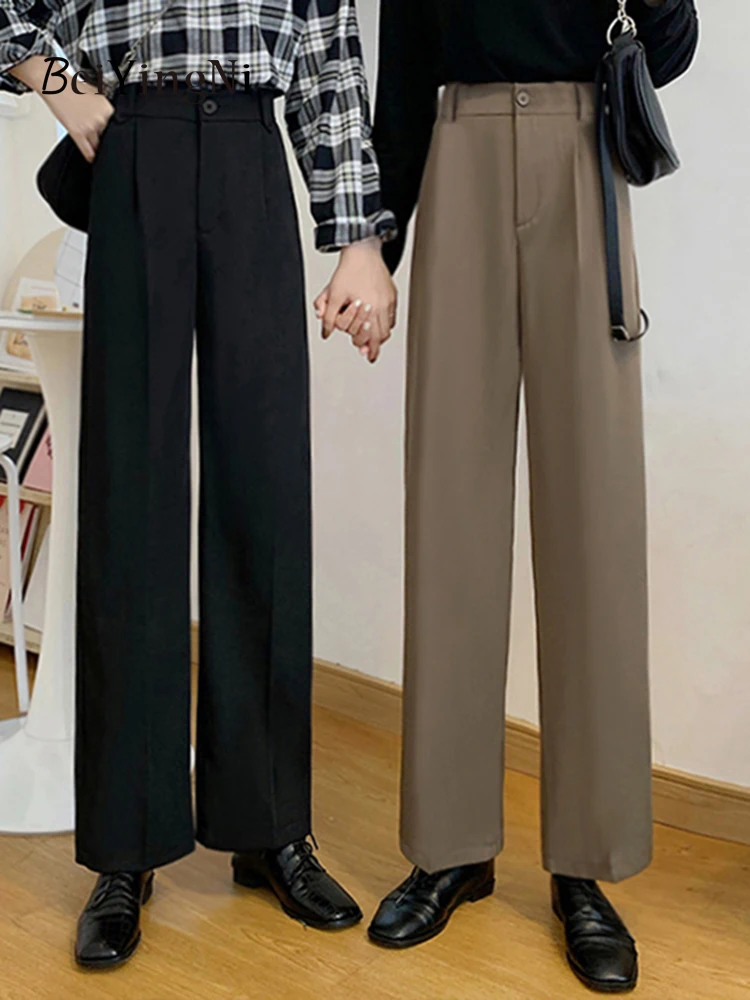 

Beiyingni Casual High Waist Straight Pants Women Korean Slim Pockets Office Ladies Wide Leg Pants Female Luxury Suit Trousers