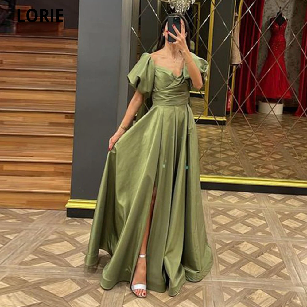 Купи LORIE Green Leg Slit Evening Dress Vintage Puff Sleeves Satin Formal Evening Gown Arabic Plus Size Party Pageant Dress Plus Size за 4,385 рублей в магазине AliExpress