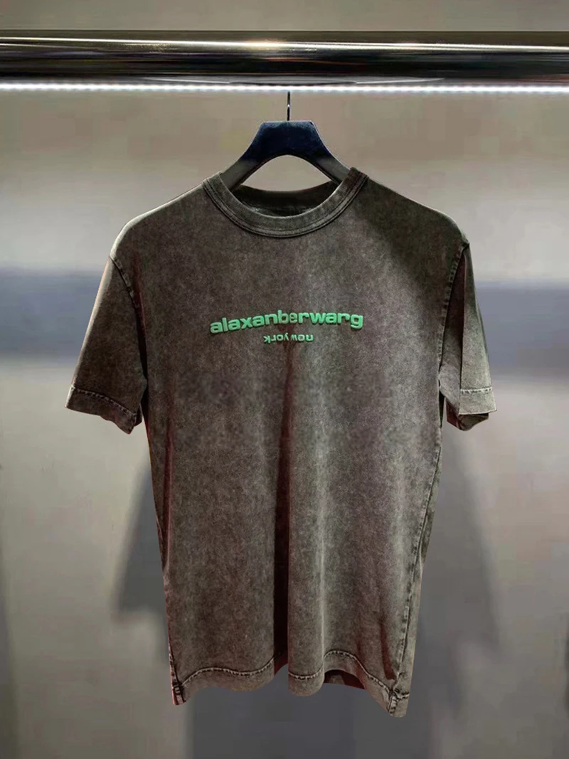 

22s high-quality spring and summer new Wang letter logo wash water do the old loose short-sleeved men's and women's T-shirt