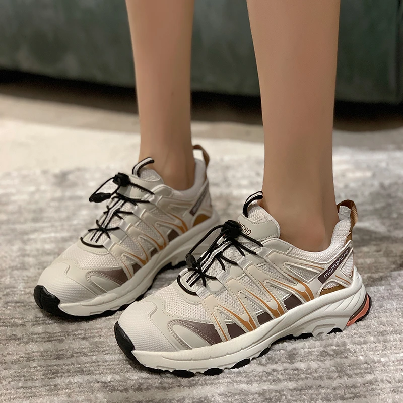 Sports Casual Shoes Women 2023 New Breathable Thick Soled Outdoor Hiking Jogging Lace-up Match Color Women Shoes Leather