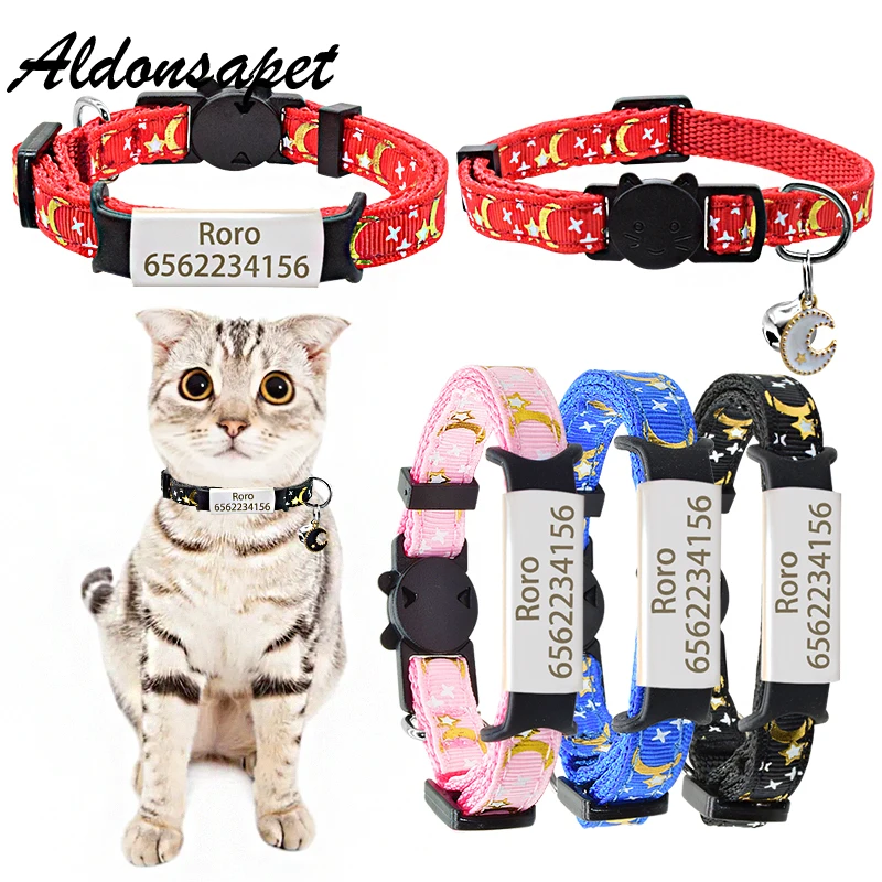 

Custom Nameplate Cat Collar Bell Personalized ID Name Tag Safety Adjustable Stars Moon Cat Collar Necklace Pet Kitten Cat Collar