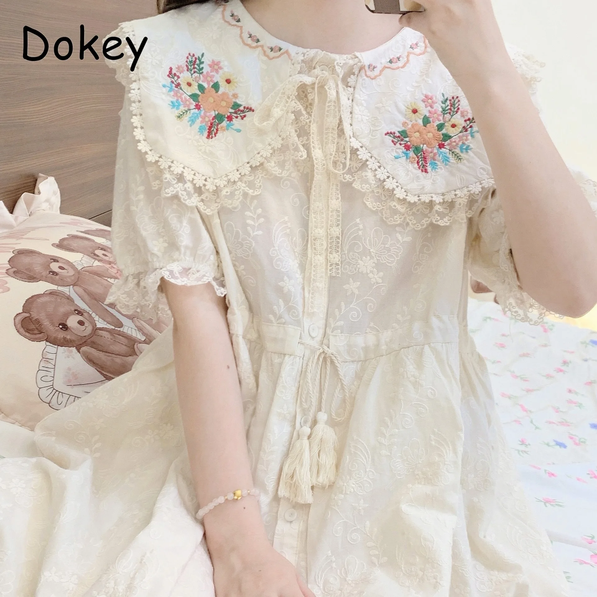 Vintage Floral Embroidery Lace White Dress Women Summer Japanese Mori Gir Doll Collar Lolita Dress Casual Loose Mid Vestido Robe