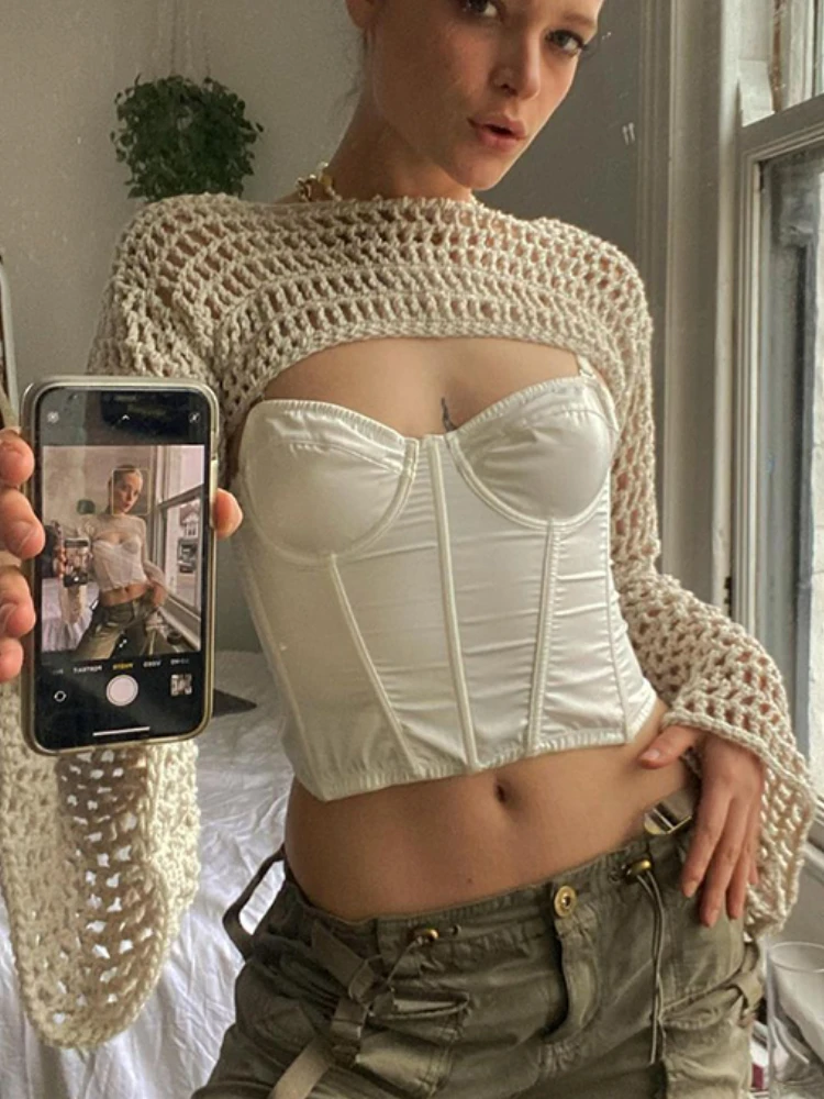 

Кроп-топ Y2K с вырезами, вязаная Ретро футболка с длинным рукавом, женские летние дышащие кардиганы с защитой от солнца, футболка