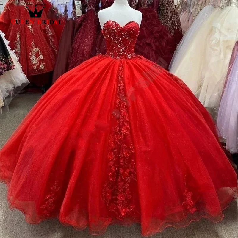 Exquisite Red Quinceanera Dresses Tulle CRYSTAL Beading Applique Sweetheart Cinderella Princess Birthday Gowns  VF23