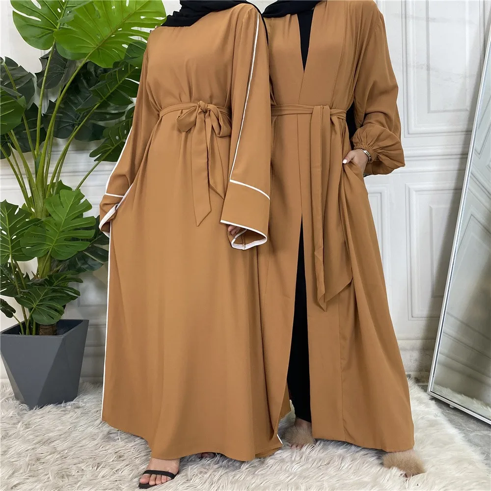 Simple Style 2023 New Fashion Muslim Women Plain White Edge Net Color Large Size Lace-up Dress Abaya Dress Long Dresses