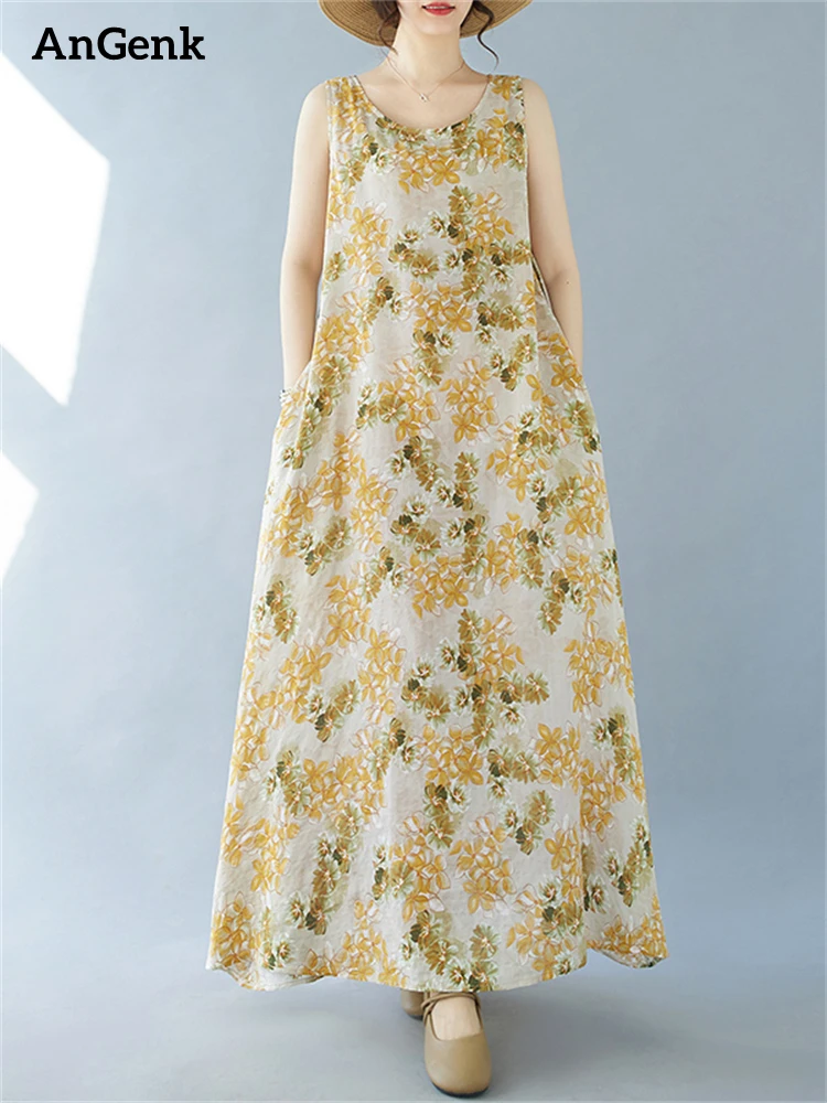Женское Хлопковое платье с винтажным принтом повседневное Свободное длинное без