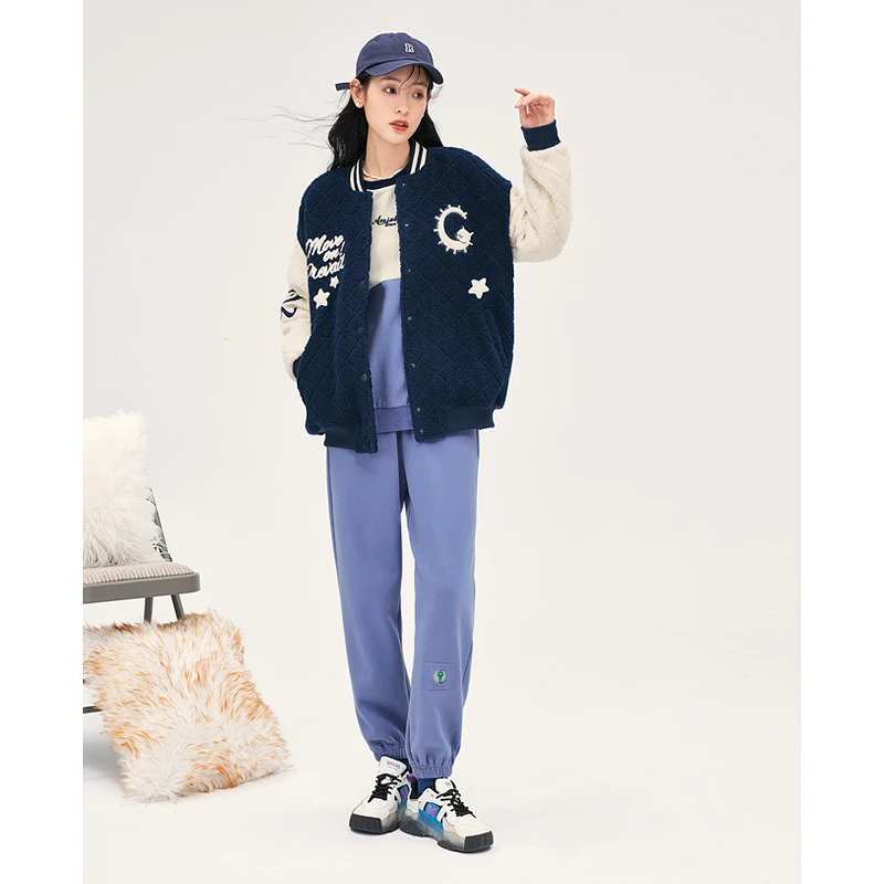 Toyouth Women Baseball Jackets Uniform 2022 Winter Long Sleeve Thick Plush Coat Graphic Print Preppy Style Warm Casual Tops