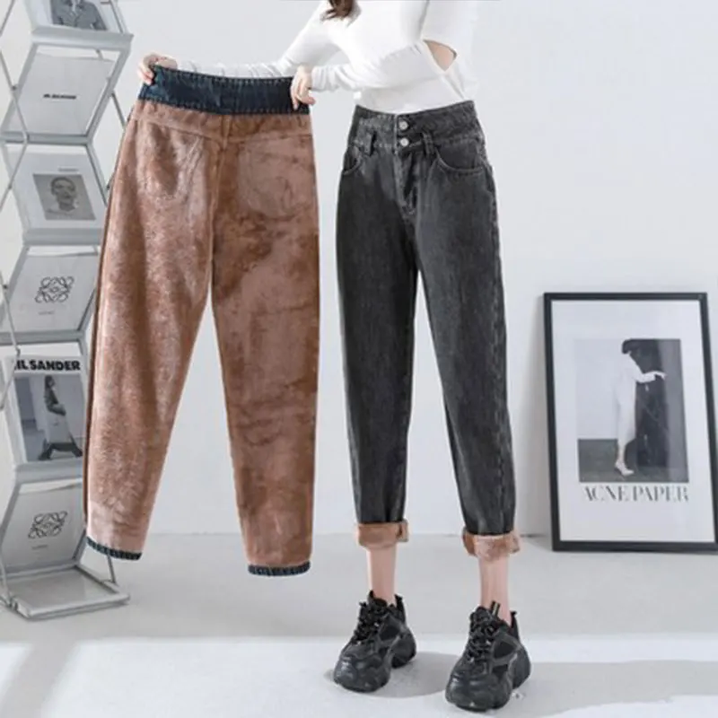 Plus velvet jeans women loose high waist fall/winter 2022 new slim straight tube padded radish torre women's pants tide