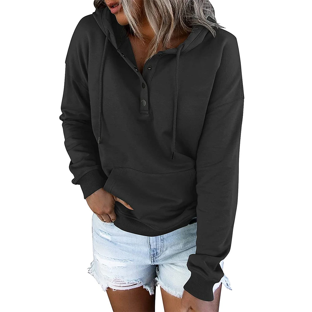 

Women Autumn Sweatshirt Pullover Hooded V Neck Winter Long Sleeve Button Drawstring Loose Casual Solid Fashion Tops Hoodies