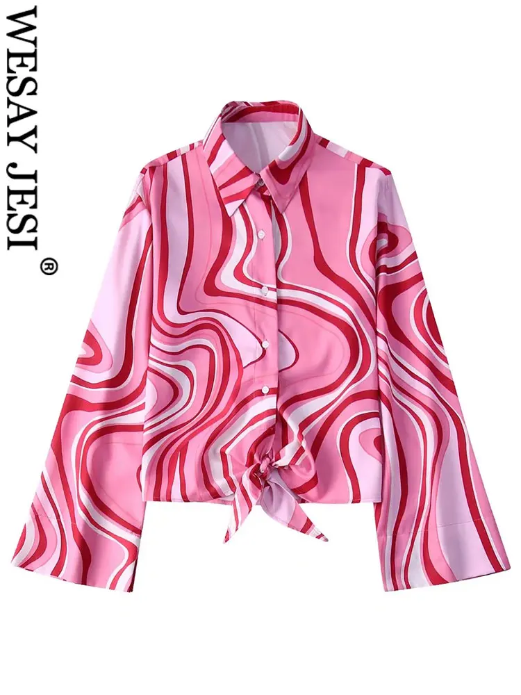 

WESAY JESI Women Print Curve Shirt Lapel Cardigan Buttons Long Flared Sleeve Blouse Hem Tie Elegant Chic Fashion Spring Autumn