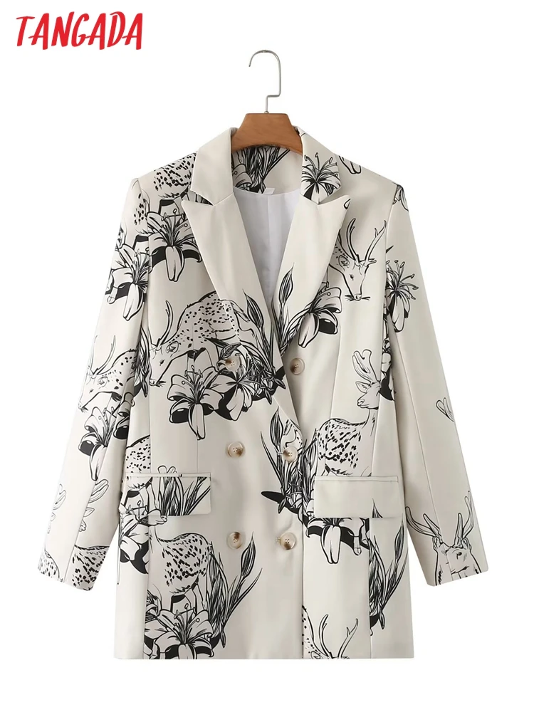 

Tangada Women 2022 Flower Print Blazer Female Long Sleeve Elegant Jacket Ladies Thick Blazer Suits DA55