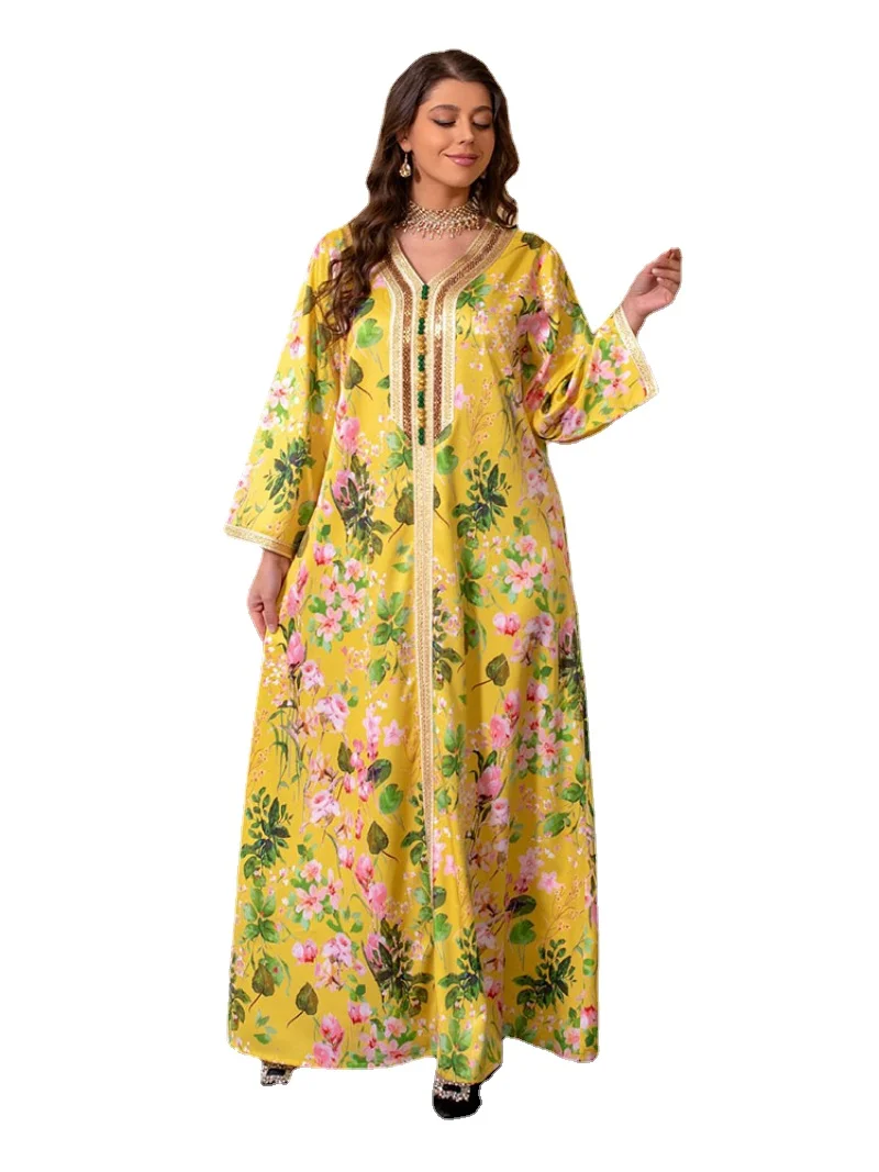 

Beading Abaya Arabic Long Dress for Women Floral Gulf Jalabiya Moroccan Print Kaftan Ramadan Eid Muslim Dubai Abayas Party Gowns