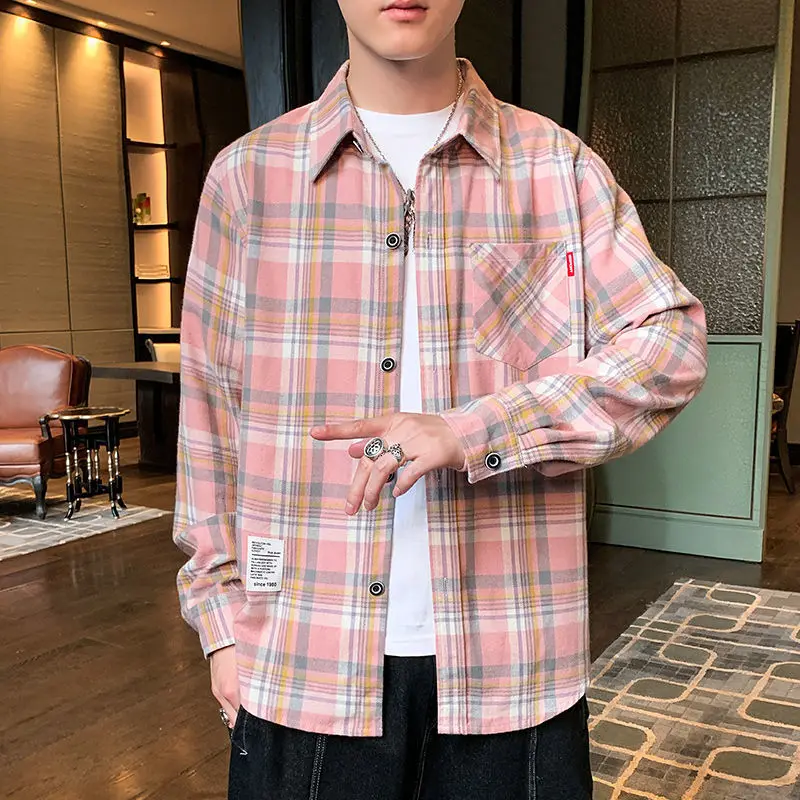 Fashion Lapel Button Spliced Loose Pockets Lattice Shirt Men's Clothing 2022 Autumn New Oversized Casual Tops All-match Shirts