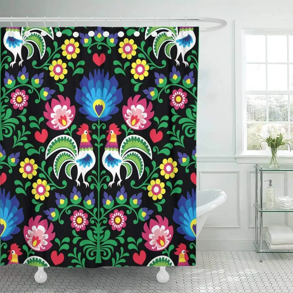 

Fabric Shower Curtain Colorful Animal Polish Folk Pattern with Roosters Wzory Lowickie Wycinanka Green Floral Decorative