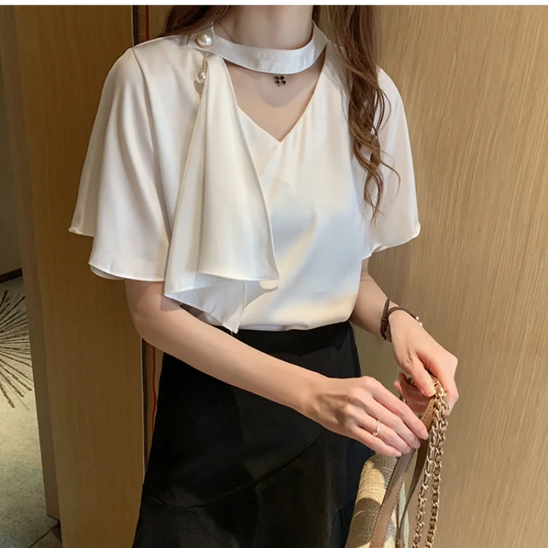 

Thin T Shirt Women Clothing 2023 Fashion Summer Chic Streamer Chiffon Shirts Elegant Butterfly Sleeve V-neck OL Tops Workwear