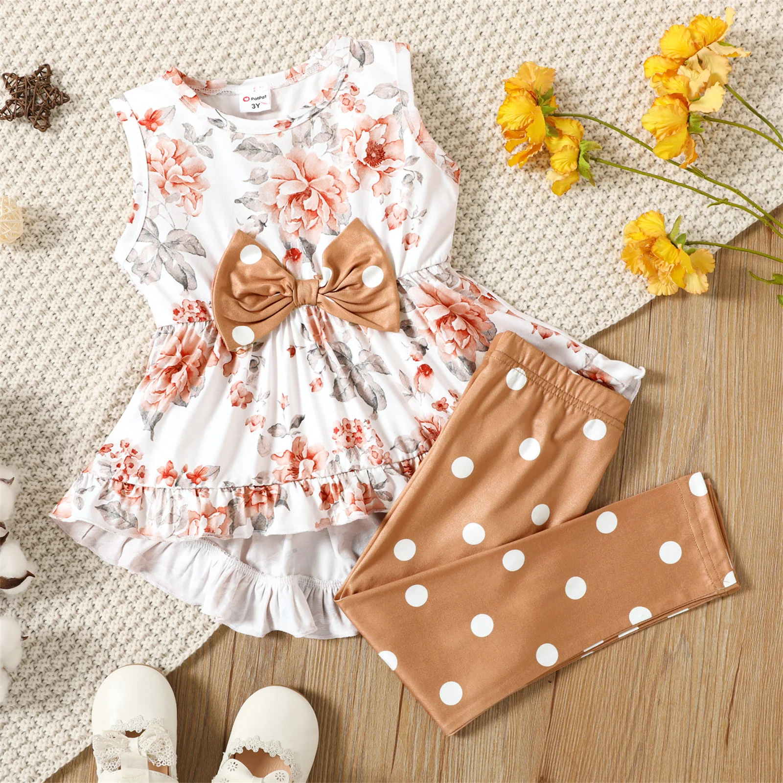 

PatPat 2-piece Summer Toddler Baby Girl Clothes Floral Print Bowknot Design Ruffled High Low Sleeveless Top Polka dots Pants Set