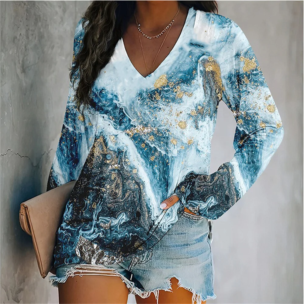 

Elegant V-neck Women Tshirt Flowers Digital 3D Printed Design Sexy Personalized Spring Autumn Long Sleeve Clothes Stretch Shirt