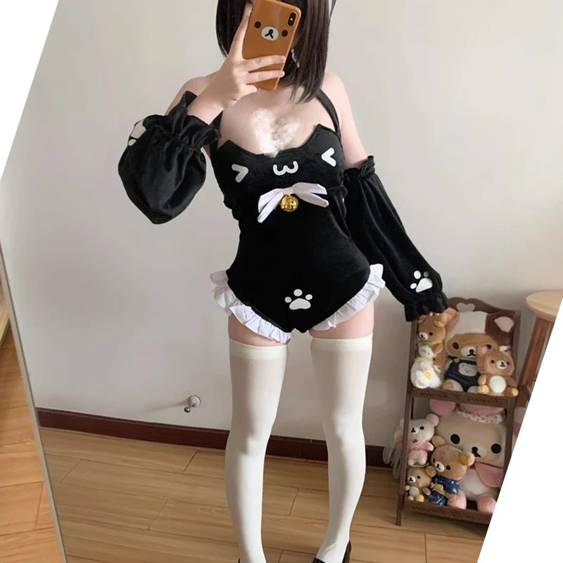 Фото Милое боди Neko для девочек с лямкой на шее и большим бантом на спине, женское облегающее боди без рукавов с рюшами в стиле пэчворк, кошка-горничная, косплей, униформа Sukumizu №4