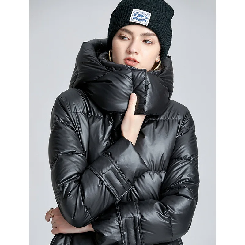 Down Jacket Women's Winter New Medium and Long Thickened Over The Knee Coat Cold Proof Casual Wear with Strap and Waist Tucked
