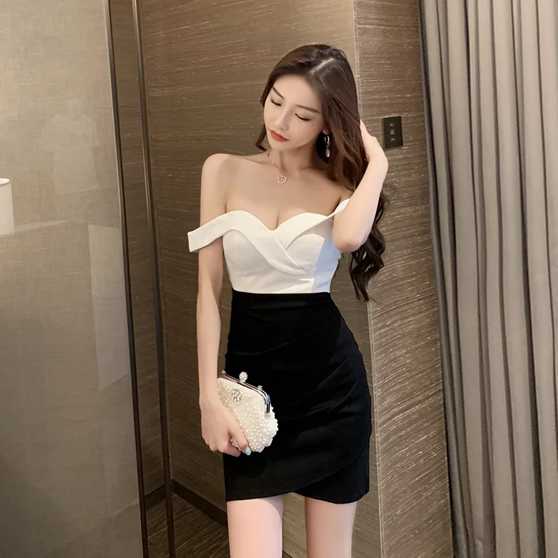 

New Sexy One Line Neck Off Shoulder Bra Dress Fashionable and Elegant Color Matching Slim Fit Wrapped Hip Short Skirt for Women