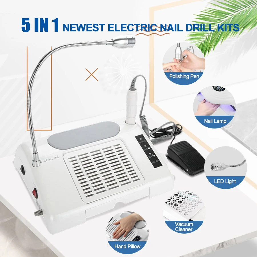 5 In 1 Professional Electric Nail Vacuum Cleaner Nail Light Nail Drill Machine Nail Lamp Powerful Nail Art Manicure Salon Tools