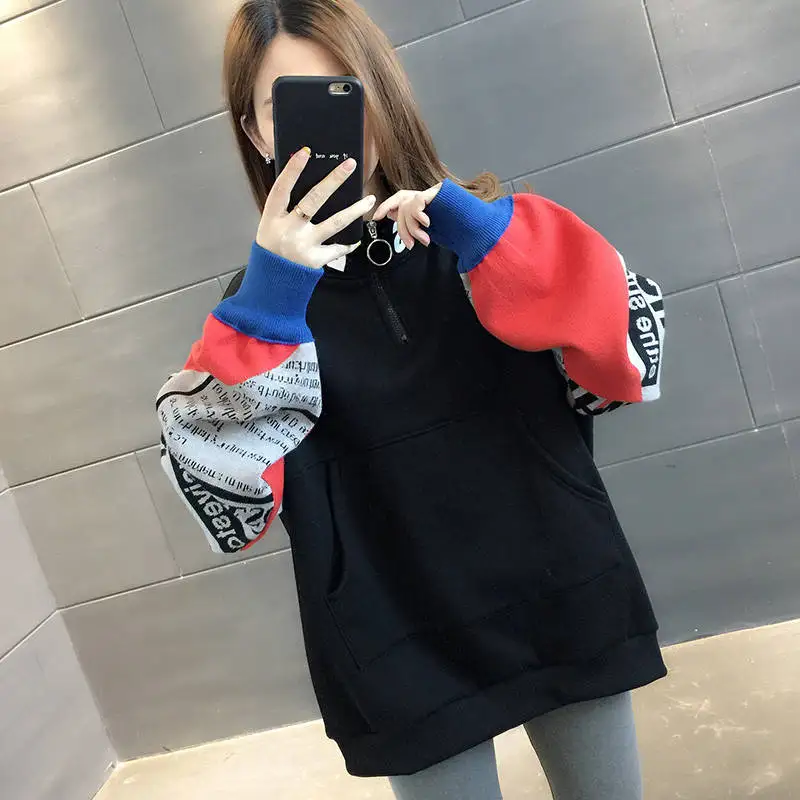 

New Loose Turtleneck Print Jumper Plus Velvet Sweatshirt Women Autumn Harajuku Patchwork Warm Pullovers Lady Female Casual Tops