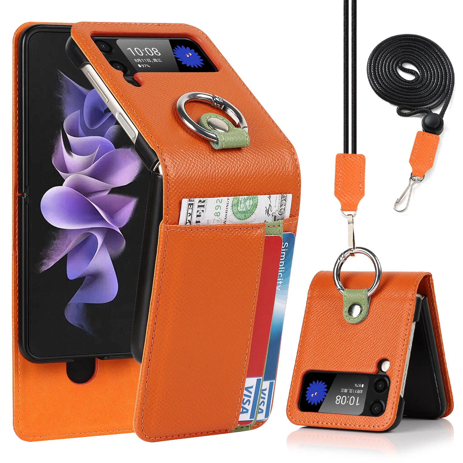 

With Ring Case for Samsung Galaxy Z Flip3 Foldable Screen Lanyard Phone Case Leather Card Holder Z Flip3 Protective Cover