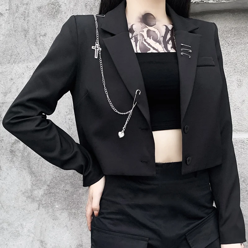 

Женский блейзер в стиле панк, готический черный блейзер в стиле Харадзюку, уличная одежда с металлической цепочкой, костюм в стиле пэчворк д...