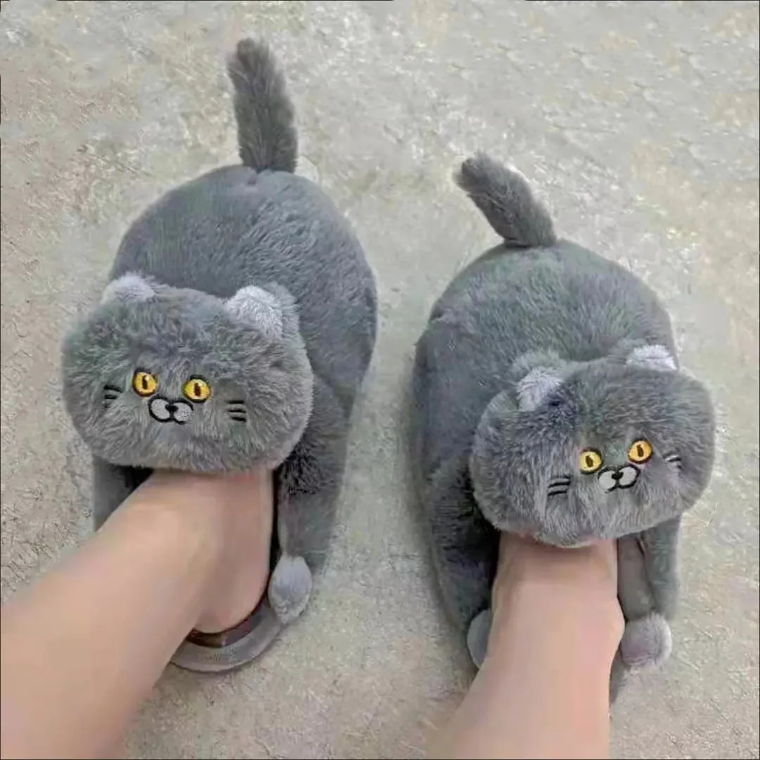 

2022 Cute British Shorthair Cat Slippers For Women Men Who Loves Kitty Indoor Fluffy Plush Home Shoes Fur Slides Mules Slippers