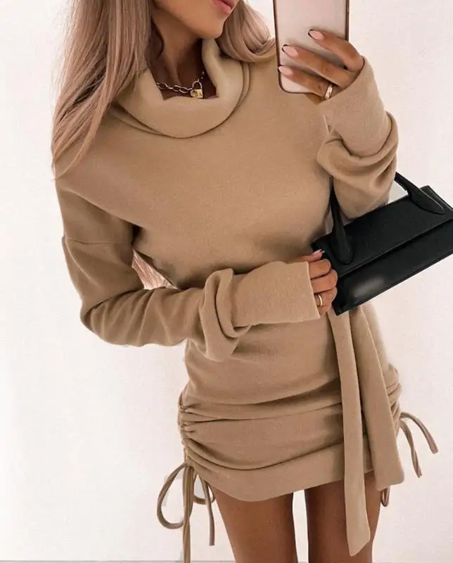 

Women Fashion Mini Dress Autumn Winter Solid Drawstring Ruched High Neck Sweatshirt Dress Casual Long Tops Pullover