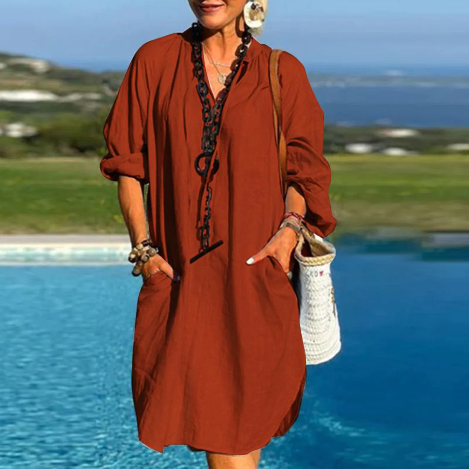 

Womens Summer Shirt Dresses Short Sleeve V Neck Sexy Casual Cotton Linen Dress Loose Flowy Summer Wrap Dress for Women