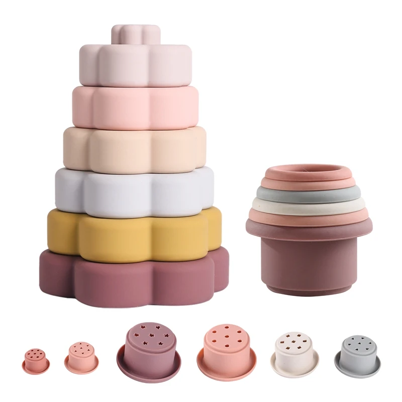 Silicone Stacking Toys Rainbow Building Block Colorful Hourglass Stacking Cup Montessori Early Educational Toy Birthday Gifts