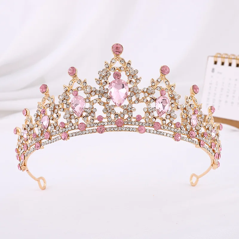 

Baroque Vintage Gold Color Pink Crystal Heart Bridal Tiaras Crown Rhinestone Diadem Wedding Hair Jewelry Headband Tiara De Noiva