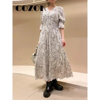 cozok japanese early autumn new vestidos 2022 women fashion sweet a line half puff sleeve high waist temperament print dresses