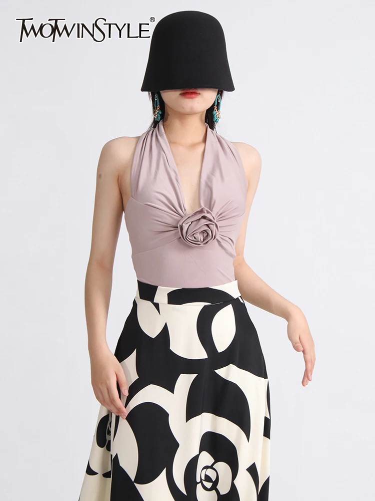 

TWOTWINSTYLE однотонные элегантные Жилеты для женщин с лямкой на шее без рукавов с открытой спиной в стиле пэчворк с цветочным принтом топы для похудения женская модная одежда