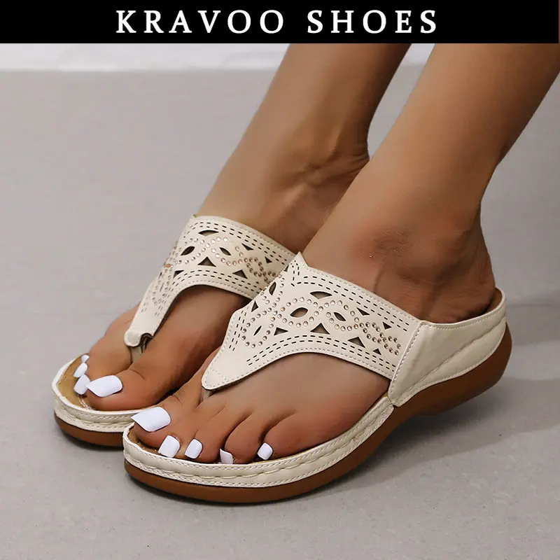 

KRAVOO Shoes For Women Roman Flip Flops Slippers Women Rhinestone Hollow Sandals Platform Wedges Ladies Sandal Slipper Summer