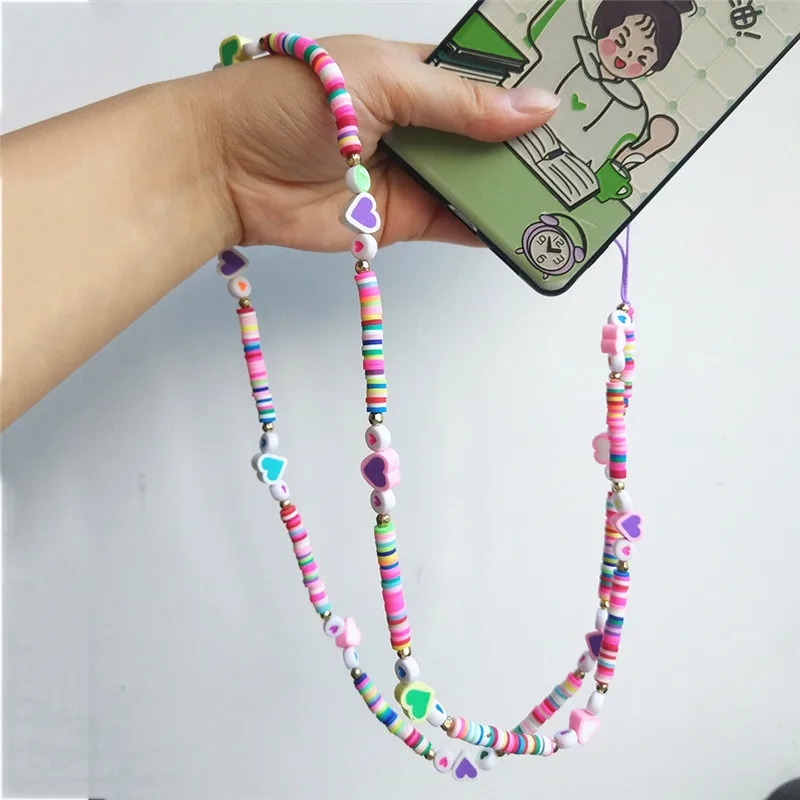 Punki 2022 Summer Fashion Ladies Soft Ceramic Colorful Beads Long Mobile Phone Case Lanyard Cute Smiley Pearl Eye Jewelry