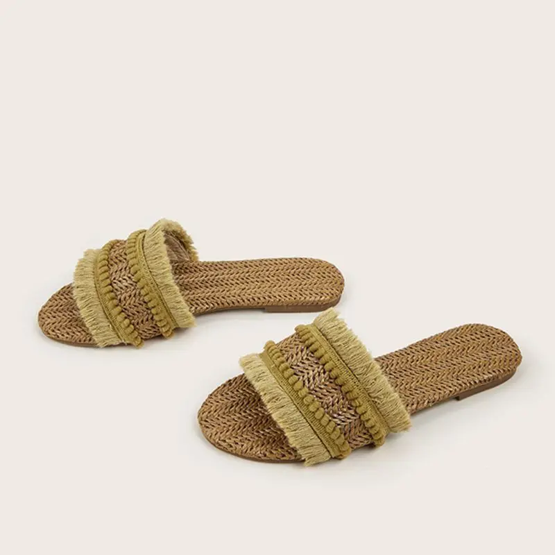 Women Slippers 2023 New Simple Casual Beach Slippers Fashion Cane Weave Open Toe Flat Flip Flops Summer Outwear Ladies Sandals