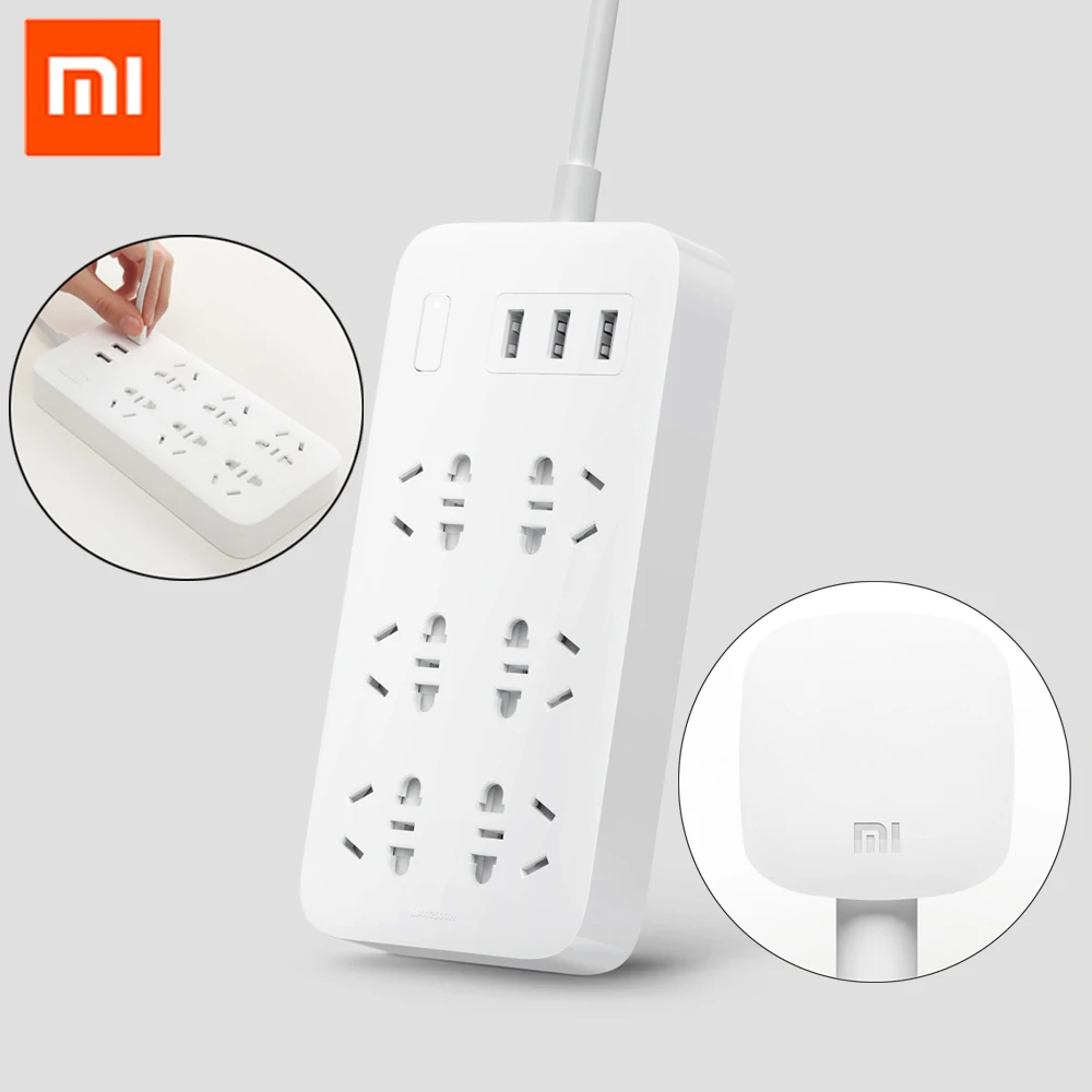 

Xiaomi Mijia Original Power Socket Extreme Speed Charging with 3 5V2.1A USB Ports Expansion 6 Sockets with Safety Switch
