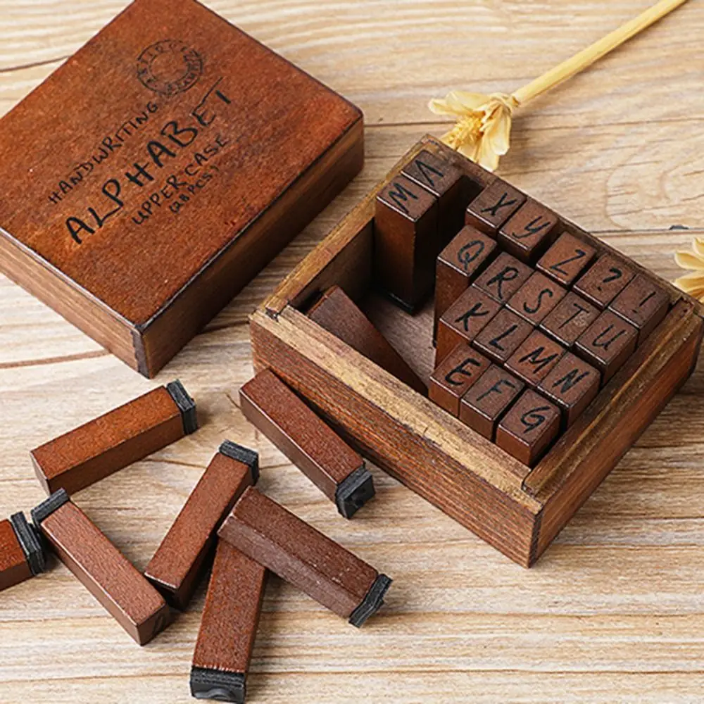 

28 Pcs Alphabet Stamps Vintage Wooden Rubber Letter Standard Stamp Set For Craft Card Making Planner Scrapbooking Journals