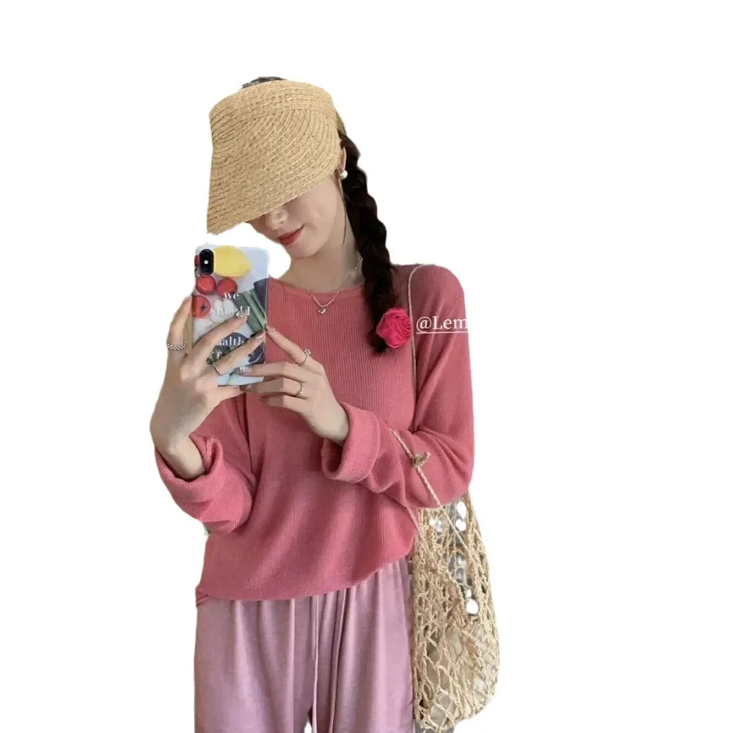 Новый сезон Свободный пуловер с круглым вырезом легкий Вязаный топ из смесовой