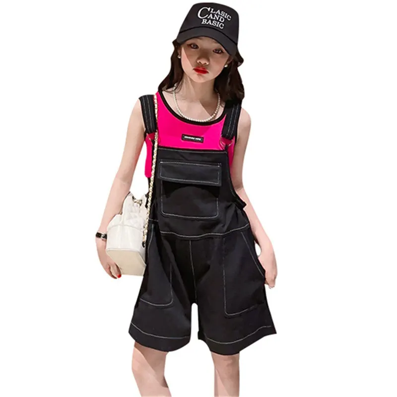 

Комбинезоны для девочек, комплекты летних шорт, детская одежда, повседневный детский жилет + брюки на подтяжках, модные костюмы для подростков из двух предметов