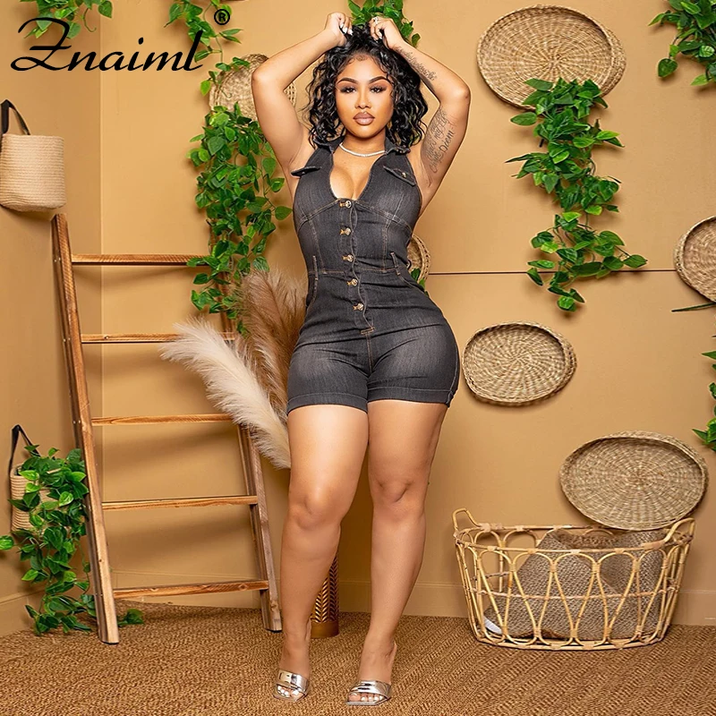 

Znaiml Summer Single-Breasted Sexy Black Playsuits Slim Denim Jumpsuit Sleeveless High Waist Elasticity Skinny Shorts Overalls