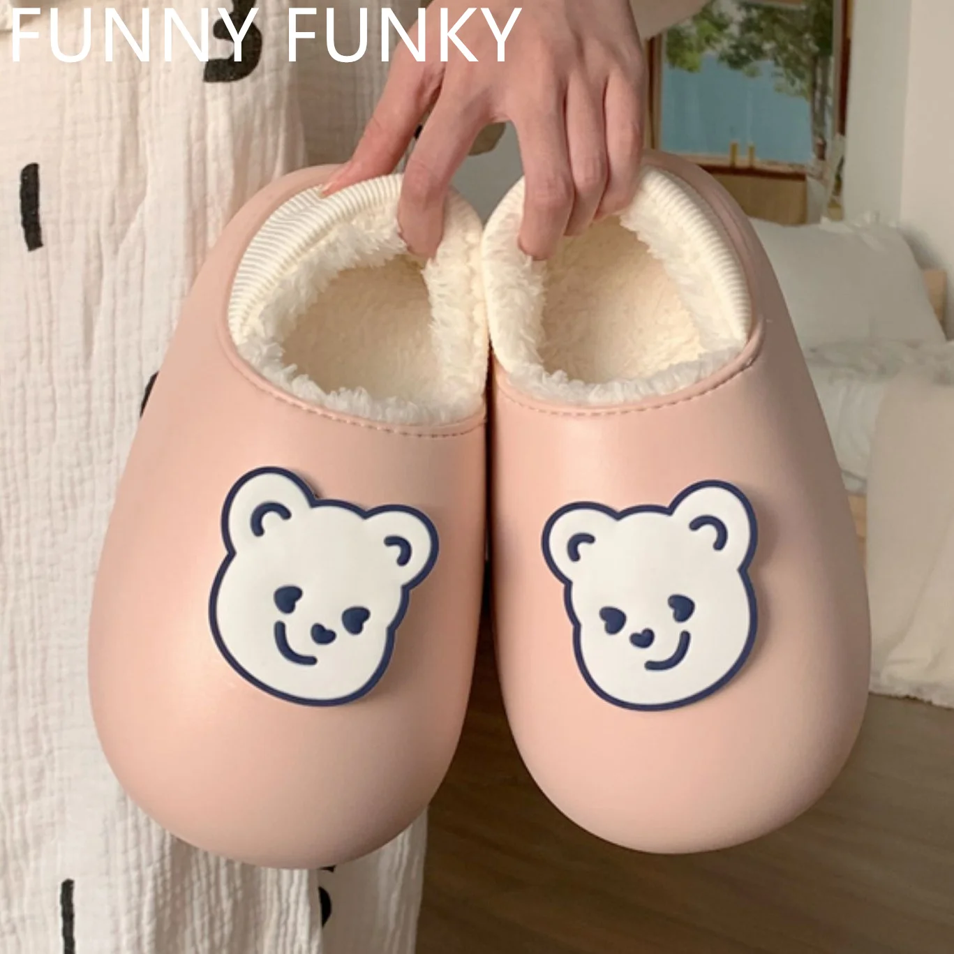 

Водонепроницаемые тапочки, зимние короткие плюшевые съемные шлепанцы на платформе из ЭВА с застежкой в виде медведя, парные домашние садов...