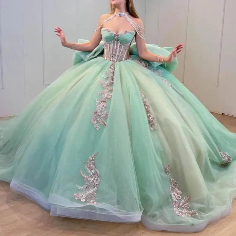 Роскошные светло-зеленые блестящие платья Quinceanera с аппликациями кружевным