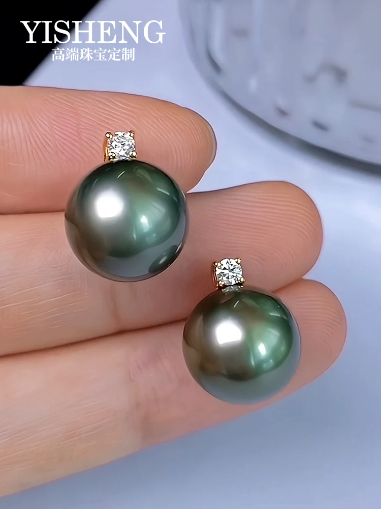 

Tahiti Grass Green Princess Diamond Earrings 18K Yellow Natural Seawater Pearl Round Mirror Light Extremely Strong