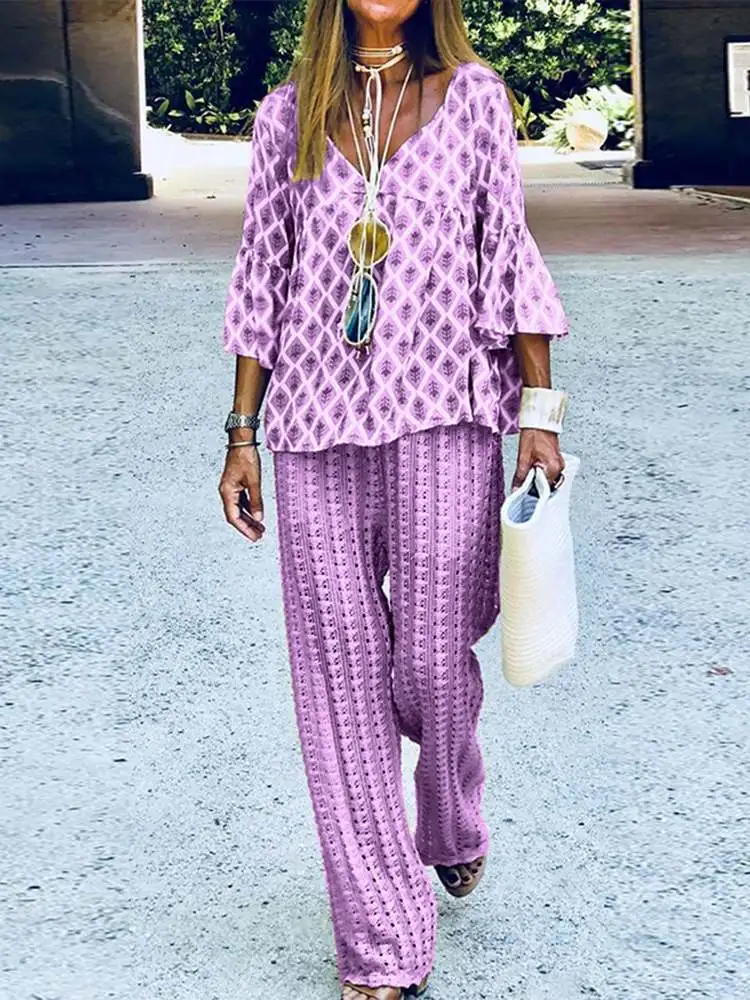 

ZANZEA Women Summer Print Loungewear Set 2PCS 3/4 Sleeve V-Neck Blouse Bohemian Holiday Elastic waist Long Pant Tracksuit Outfit