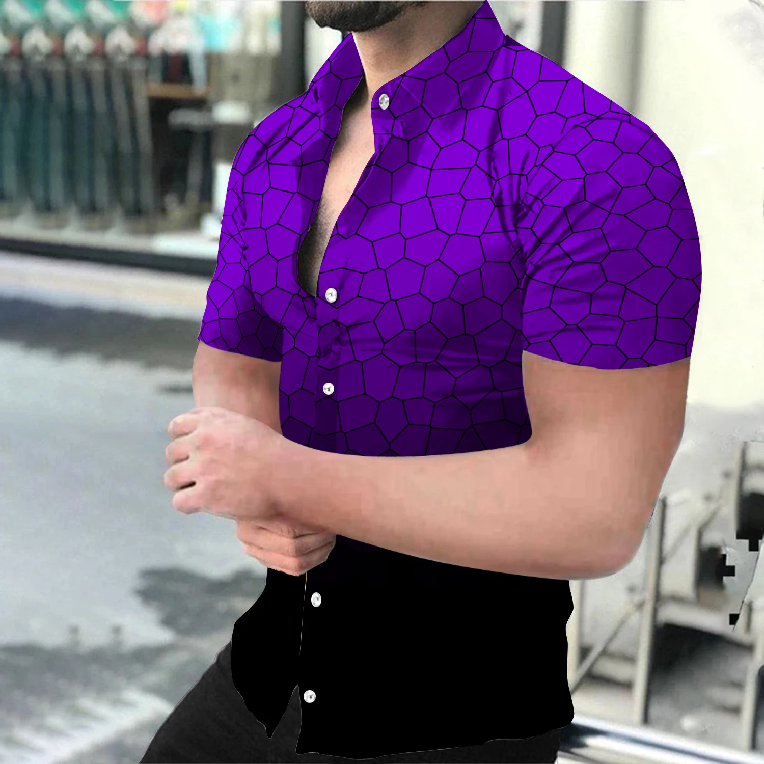 Summer Men's Shirts Turn-Down Collar Buttoned Hawaiian Shirt Casual Gradient Print Short Sleeve Tops Ropa Hombre Streetwear